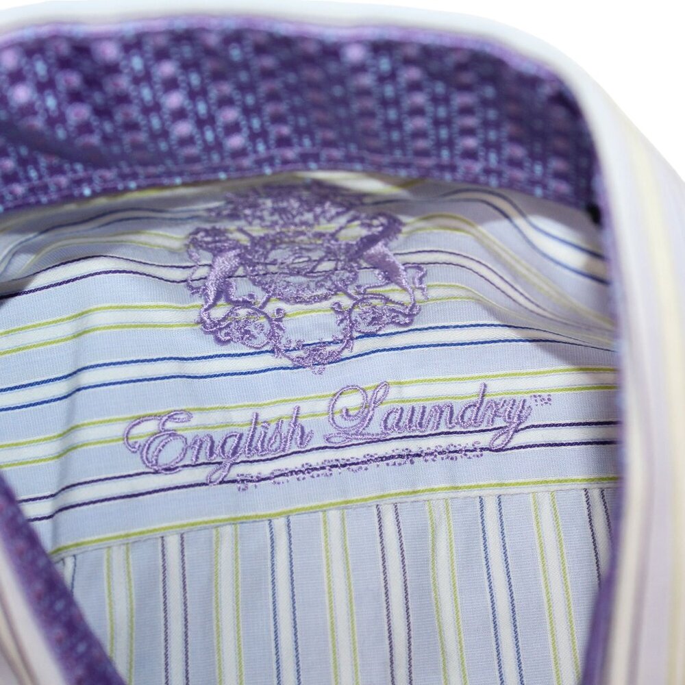 English Laundry Mens 16.5 Dress Shirt Flip Cuff Purple Striped Clubwear Office - Picture 12 of 16